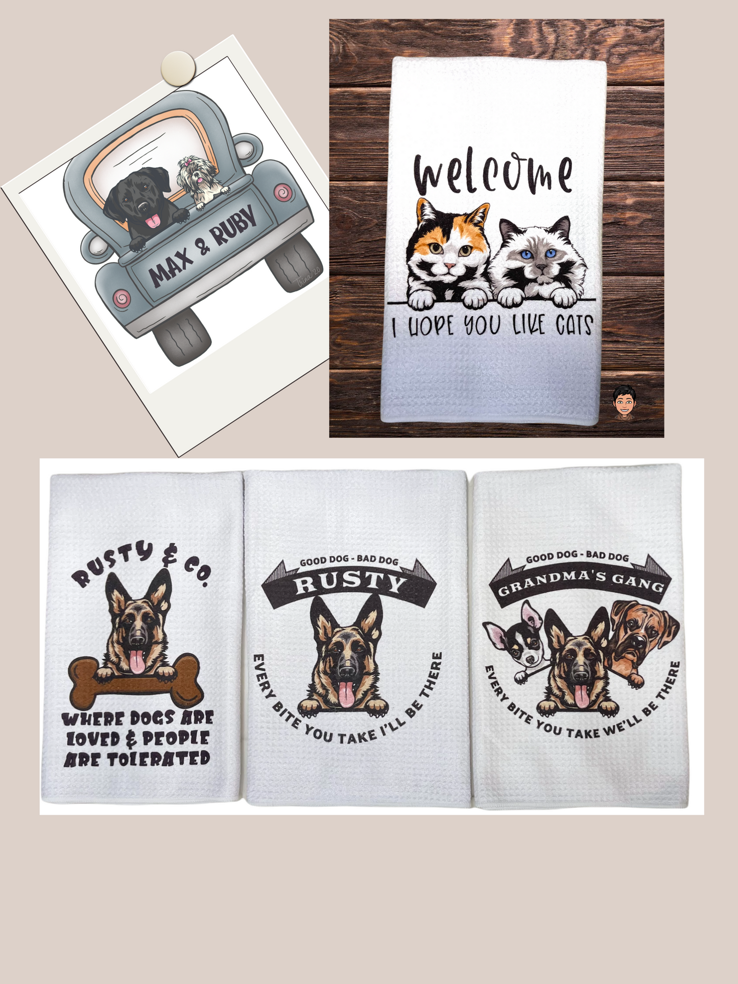 Personalize with your cat or dog's doppelgänger and name or message on this amazing towel.  Love your cat or dog